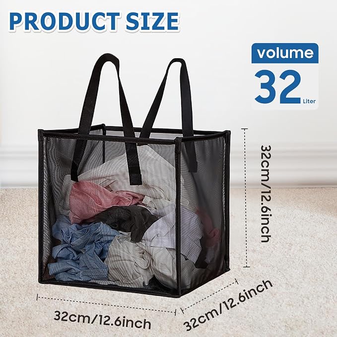 2 Pack Mesh Pop Up Laundry Basket with Handles 32L Portable and Collapsible Laundry Hamper Foldable Storage Organizer for Laundry Room Clothes Toys - Image 6