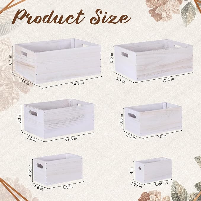 AceOrbit Set of 6 Rustic Wood Crates, Nesting Storage Boxes,Vintage White | Distressed Wooden Containers with Cutout Handles, Vintage Farmhouse Wedding Party Decor, Decorative Baskets for Supplies - Image 2