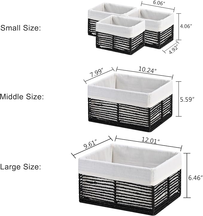 Wicker Storage Baskets, Hand-Woven Paper Rope Black Baskets for Storage, Rectangular Small Wicker Baskets for Organizing, Cube Storage Bins for Closet/Clothes/Dresser, Black, 5-Pack - Image 2