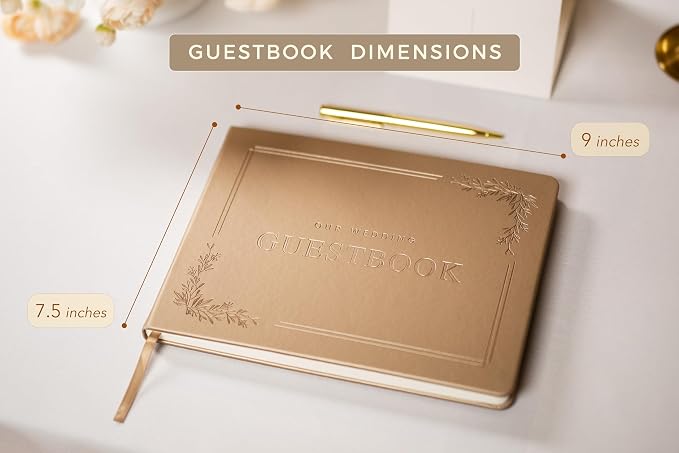 Floral Embossed Wedding Guest Book Set - 9 x 7.5 Hardcover Guestbook for Wedding Reception Sign in, Messages, Bridal Shower Engagement Party (Champagne Gold) - Image 2