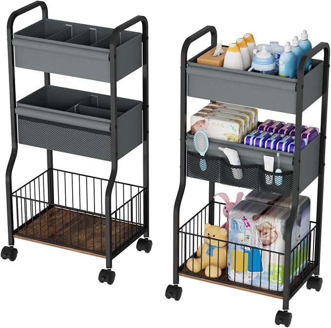 3-tier Baby Diaper Caddy Organizer and Storage Cart with 4+3 Dividers, Metal Utility Cart with Lockable Wheels for Nursery, Bedroom, Bathroom, Black by NEYCIL