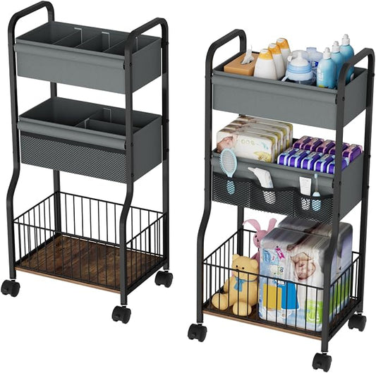 3-tier Baby Diaper Caddy Organizer and Storage Cart with 4+3 Dividers, Metal Utility Cart with Lockable Wheels for Nursery, Bedroom, Bathroom, Black by NEYCIL
