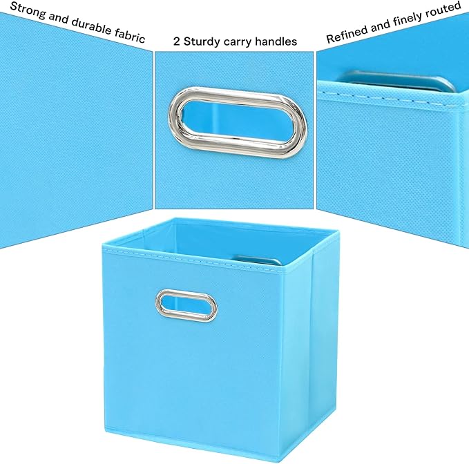 Fabric Cubby Storage Bins - 13x13x13 Inches, Foldable Cube Organizer Bins with Dual Handles - Set of 6, Blue - Image 7