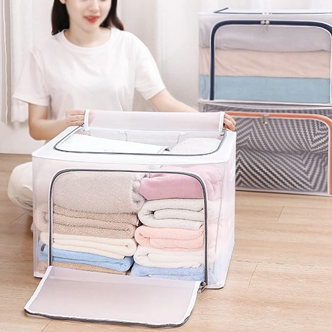 80L Large Foldable Storage Bins Organizer with Durable Handles, Metal Frame, for Clothing | Bed Sheets | Blanket | Comforters | Pillows | Toys, 3 Pack, Clear & Gray Zipper - Image 4