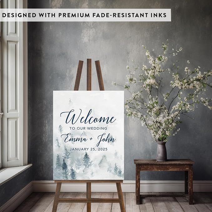 Andaz Press Custom Large Canvas Wedding Guest Book Alternative, 16 x 20 Inches, Winter White Watercolor Forest Vertical Personalized Sign Our Canvas Guest Book Signs For Wedding Rustic Woodland Theme - Image 3