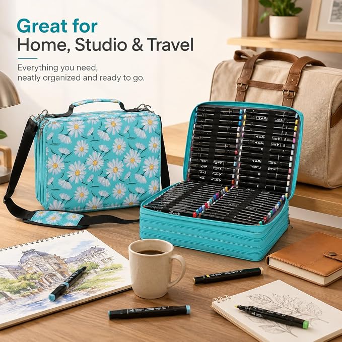 168-Slot Marker Organizer Bag, 3-Layer Case with Strap | 168-slot 3-layer marker bag in twill Oxford fabric with handle, detachable strap, smooth zipper for studio and outdoor use. - Image 5