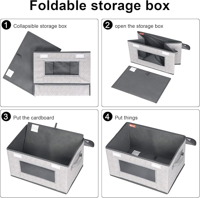 Univivi [4-Pack Fabric Storage Boxes Collapsible Storage Bins with Lids and Handles Cube Organizer Basket for Home, Closet, Bedroom (Gray, 14.4''x10''x8.3'') | Closet Storage Bins with Handles & Window, Collapsible Closet Organizers and Storage Cubes f... - Image 6