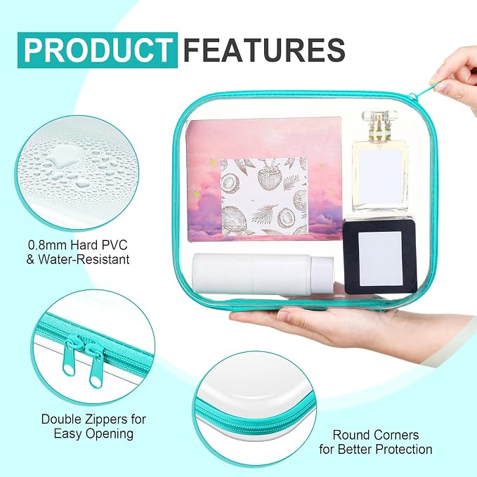 Sanwuta 6 Clear Hard Zipper Case,Teal,9.84 X 7.87 X 2 Inch | Pencil Case Pouches ,Makeup Bag,Plastic Toiletry Diaper Bag ,Travel Toy Storage,Waterproof Organizer Bins - Image 3