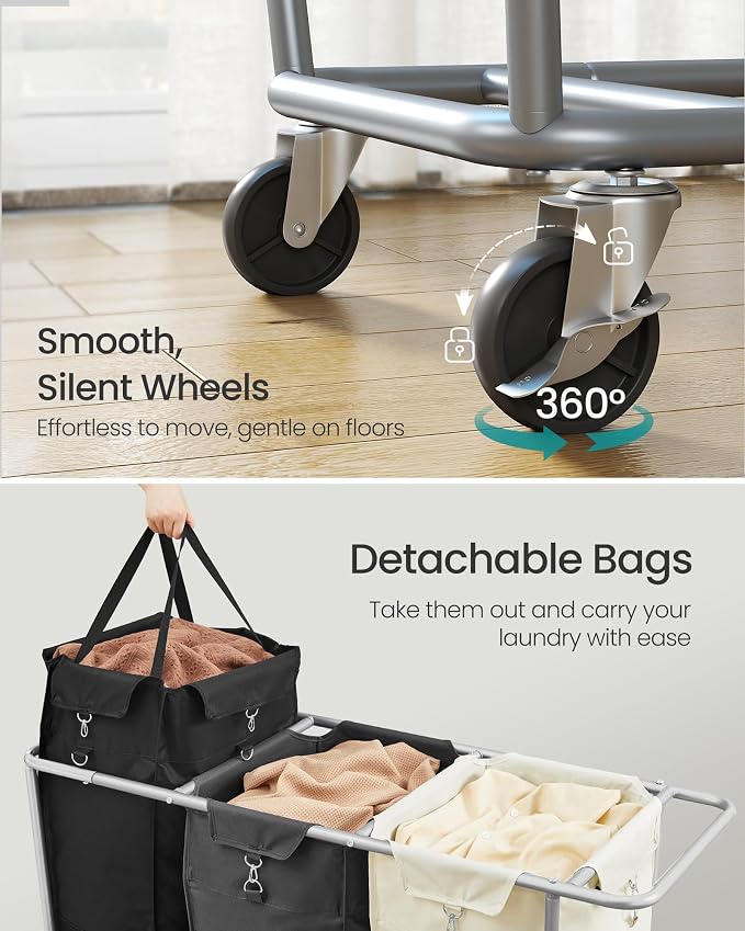 SONGMICS Laundry Basket with Wheels, 3-Section Laundry Sorter, 76.6 Gallons (290 L) Rolling Hamper with Removable Bags, Heavy-Duty Steel Frame, Cream White, Dark Gray and Ink Black URLS010X01 - Image 5