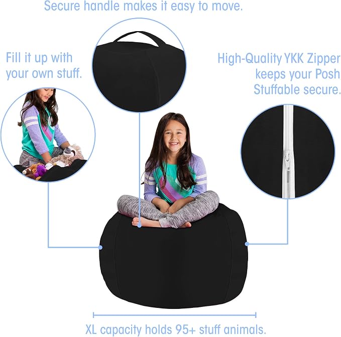 Posh Stuffable Kids Stuffed Animal Storage Bean Bag Chair Cover - Childrens Toy Organizer, Large 38" - Solid Black - Image 2