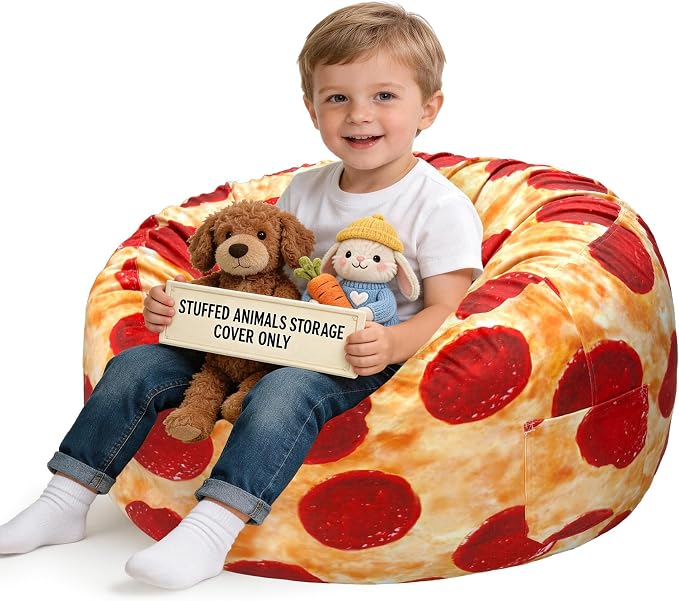Lukeight Pizza Stuffed Animal Storage Bean Bag Chair Cover for Kids, Velvet Plush Toy Organizer Seat, Cover Only, No Filling Included, Long YKK Zipper, Side Pocket, Large 27"D x 16"H by Lukeight