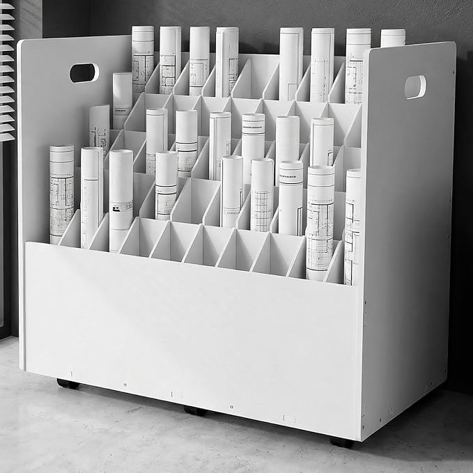 Mobile 50 Slots Blue Print Storage Organizer, Construction Plan Holder | Removable Dividers,Max.Total Load 66lbs, Blueprint,Map,Newspapers,Roll Files Storage with 6 Lockable Wheels for Office,School by Pinelicorn