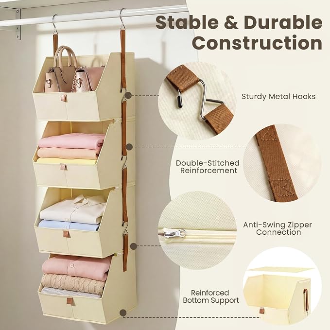4-Tier Modular Sturdy Hanging Closet Organizer, Heavy-Duty Detachable Clothes Hanging Shelves with Reinforced Zippers and 8 Durable Hooks, Hanging Camper Organizer for Bedroom, RV, Nursery - Image 4