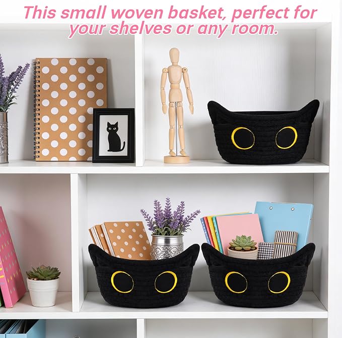 3 Pack Small Black Cat Storage Baskets for Organizing,Woven Mini Basket | Decorative Gift Basket,Nursery Shelves Rope Cotton Storage Bins for Gifts Empty, Mini Burr Baby Shower with Handles,7 IN - Image 3