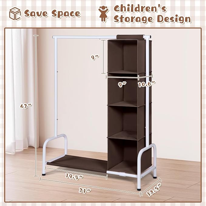Univivi Kids Clothing Rack with Hanging Organizer, 43 Inch, Brown and White | Toddler Dress Up Storage with Bottom Shelf, Sturdy Metal Dress Up Rack, Toddler Wardrobe Rack for Nursery, Playroom, Bedroom - Image 3