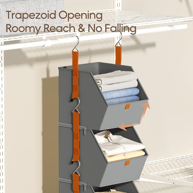 Collapsible Hanging Closet Organizer - 3 Tier Closet Shelves Storage System with Hooks, Fabric Hanging Storage Bins for Clothes, Foldable Storage Basket for Laundry, Bedroom, Rv, Grey - Image 4