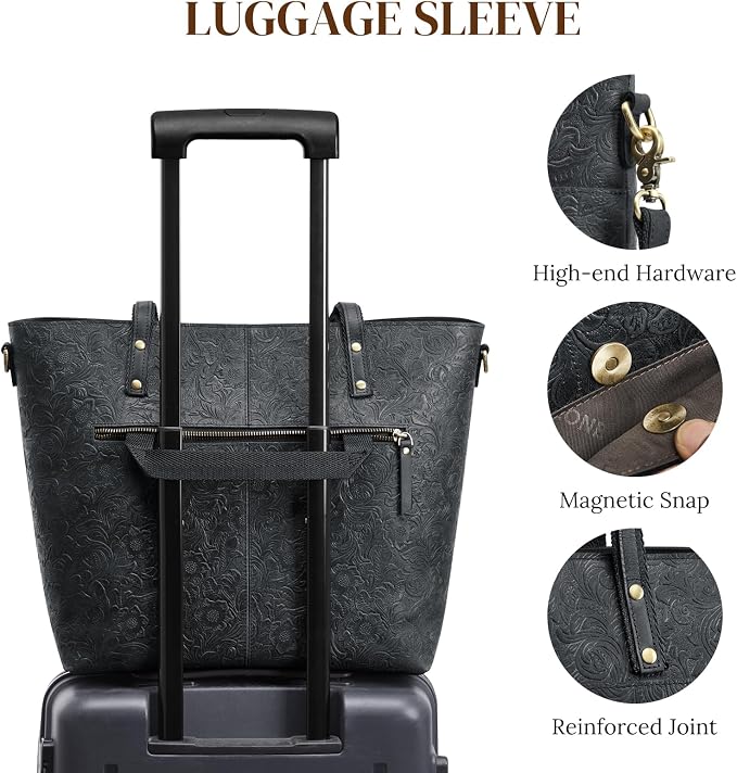 S-ZONE Leather Tote Bag for Women Large Work Totes Designer Handbags | Vintage Grain Crazy Horse Leather, Adjustable Strap, Fits 14" Laptop, Multi Pockets, Rose Embossed Tote, Travel Daily - Image 5