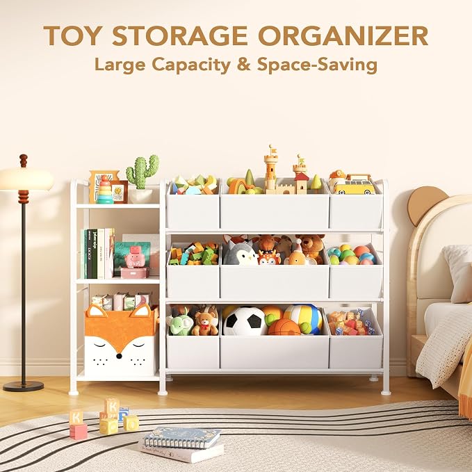 BBLIKE Kids Bookshelf and Toy Storage Organizer with 9 Removable Fabric Bins, Toddler Book Shelf & Stuffed Animal Storage Rack for Playroom, Bedroom, Nursery, White - Image 4