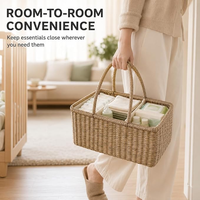 Premium Wicker Baby Diaper Caddy Organizer, Woven Seagrass Basket with Handles, Diaper Basket with Dividers (Rectangle) - Image 7
