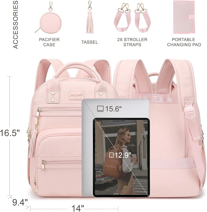 ROSEGIN Premium Vegan Leather Diaper Bag Backpack with Waterproof Changing Pad, Reinforced Zippers & Odor-Free, 20 Pockets Pro Organizer, Fits 15.6" Laptop, Stroller Straps, Baby Bag for Mom, Pink - Image 5