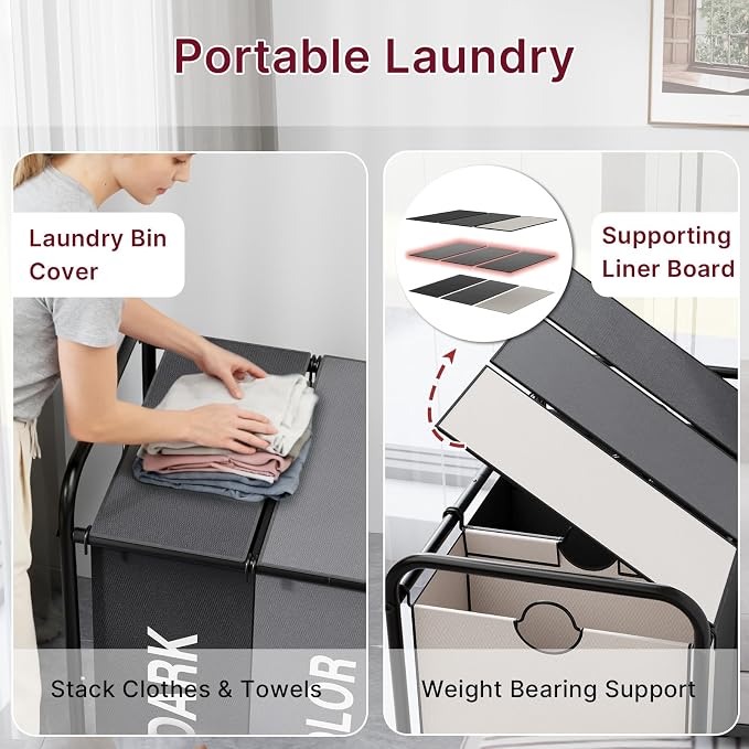 180L Laundry Sorter 3 Section with Lockable Wheels and Lid Multicolor | 3 Large Separate Removable Bags | Heavy Duty Rolling Laundry Basket | Laundry Hamper Cart for Laundry Room Organizer - Image 4