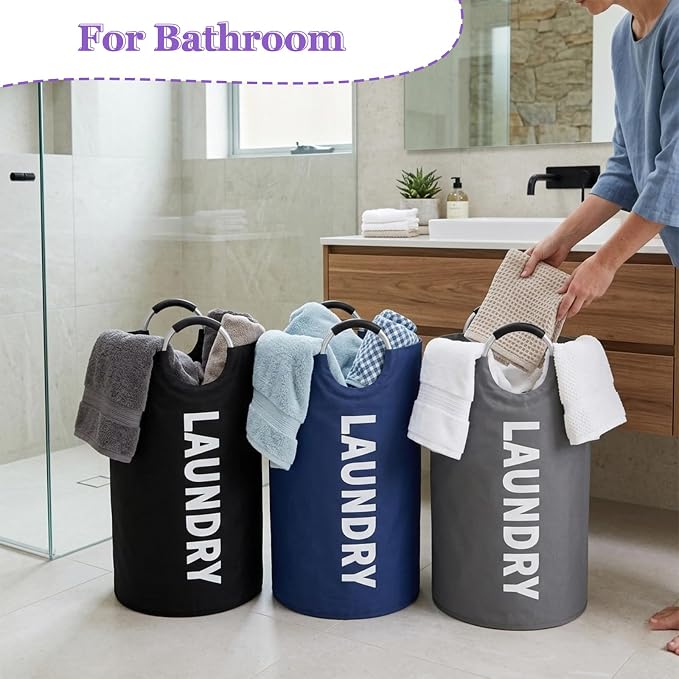 95L Foldable Laundry Basket, Large Freestanding Laundry Hamper for Bedroom | IHOMAGIC Portable Laundry Bin, Fabric Storage Baskets with Handles for Bathroom, Dorm, Black+Gray+Navy Blue - Image 9