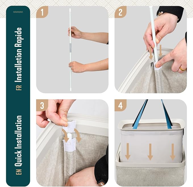 VOUNOT® 150L Laundry Basket with Lid, Rectangular 2 Compartment Laundry Hamper with Removable Bags & Handles, Foldable Laundry Bin for Bedroom, Bathroom, Utility Room, Beige - Image 7