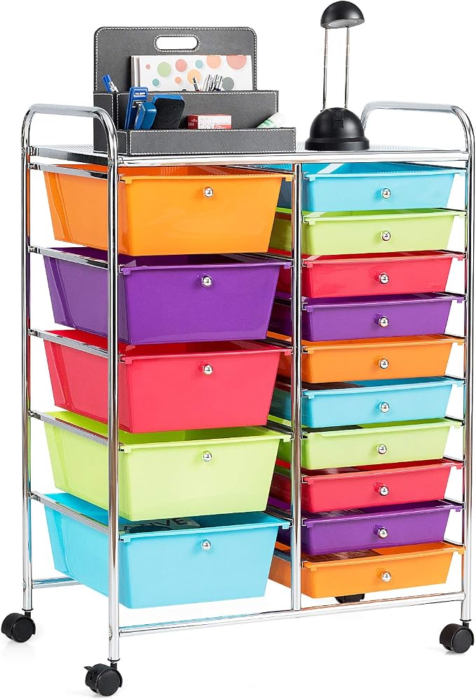 GOFLAME 15-Drawer Rolling Storage Cart, Craft Storage Cart with Removable Drawers & Lockable Wheels, Art Cart Supply Storage Organizer for Home Office Classroom, Multicolor by GOFLAME