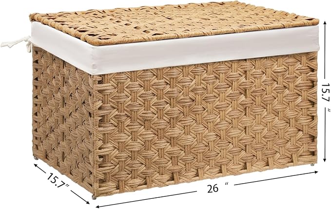 Wicker Storage Basket with Lid, 27.7 Gallon (105L) Large Blanket Basket with Lid, Woven Storage Bin with Handles, Removable Liner, Metal Frame, Foldable, for Bedroom, Laundry Room, Natural - Image 3
