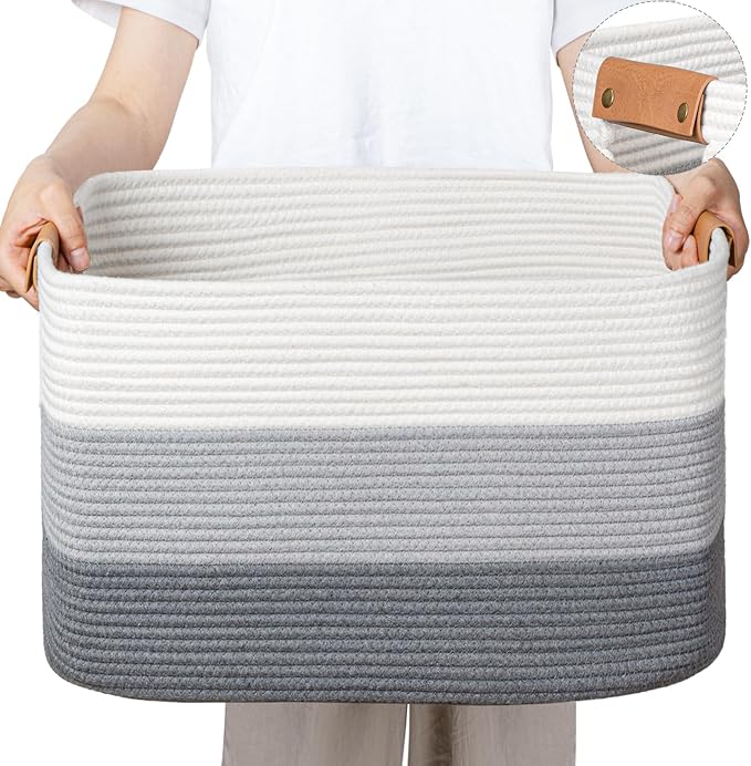 Blanket Basket, 72L Rectangle Large Basket for Living Room, Baby Room & Laundry, Woven Cotton Rope Toy Bin Baby Nursery Room Storage, 22’’*17’’*11.8’’, Gradient Grey by danpinera
