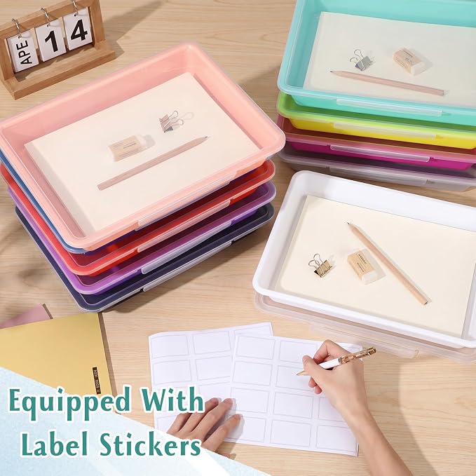 12 Pcs Classroom Paper Storage Bins with Clear Latching Lid, Label Stackable Letter Size Flat Tray Container for Teacher Back to School Supplies Home Office Desk Arts Crafts (Vibrant,13x10in) - Image 5