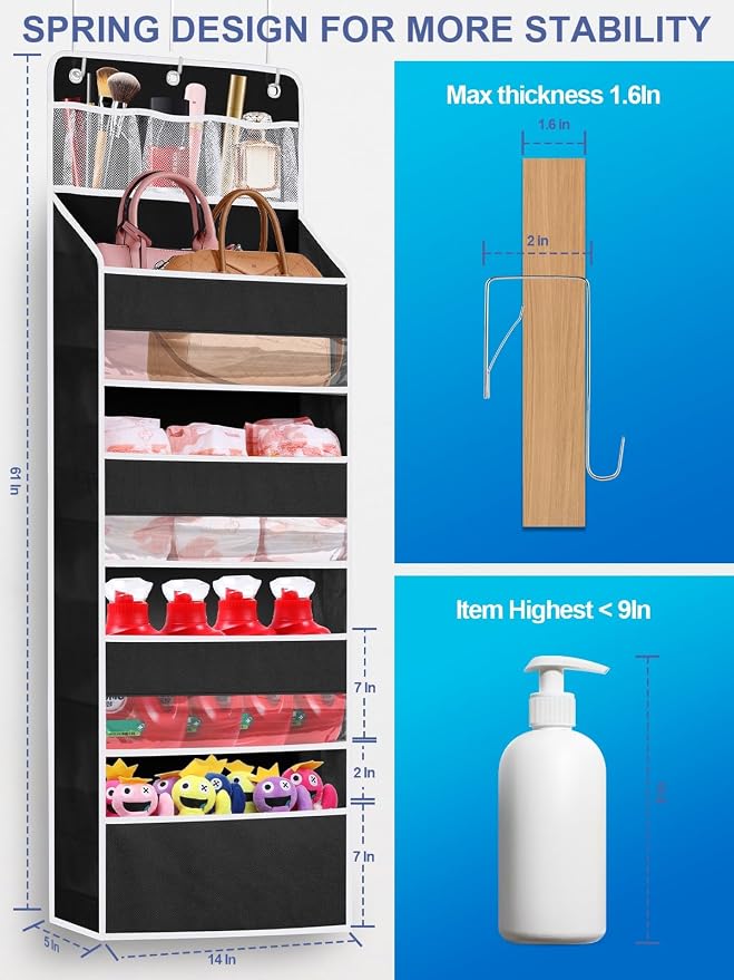 2 Pack Over the Door Storage Organizer - Space Saving Behind Door Hanging Organizer - Back Door Storage for Nursery/Pantry/Bathroom/Bedroom/Diaper/Toys, Black - Image 3
