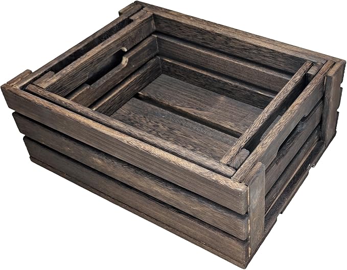 ARTAWEIN Set of 2 Rustic Wooden Crates for Display & Storage - Nesting Farmhouse Wood Boxes with Handles - Decorative Stackable Storage Baskets for Home Decor, Pantry, Kitchen, Bathroom - Carbonized - Image 3