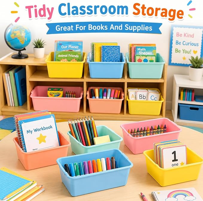 OMISTAR 20 Pack Book Bins for Classroom, 11.6 x 7.5 x 5.1 Plastic Cubby Book Bins Library Stackable Cubby Desk Organizer Containers Organizer Basket Bin for School Office Home Nursery Playroom - Image 9