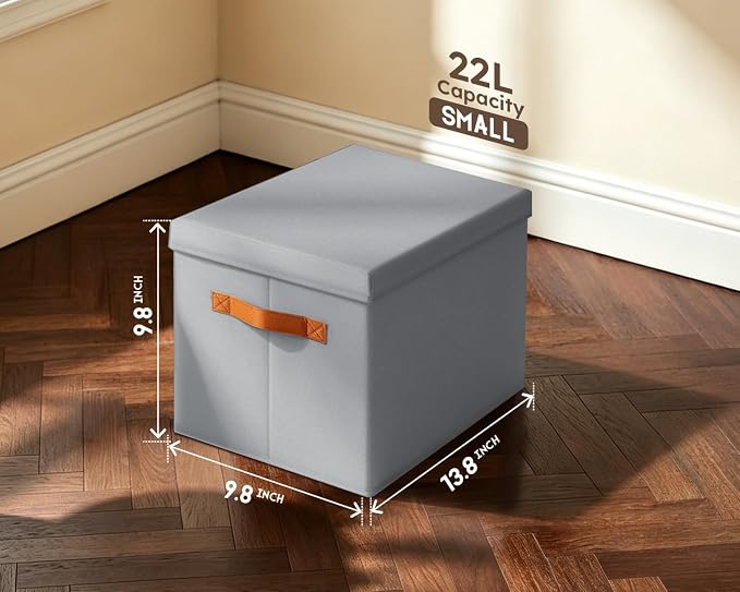 Storage Bins with Lids - Fabric Storage Baskets for Shelves, 4 Pack Foldable Decorative Boxes with Handles, Stackable Organizer Bins for Home, Nursery, Dorm, Grey - Image 6