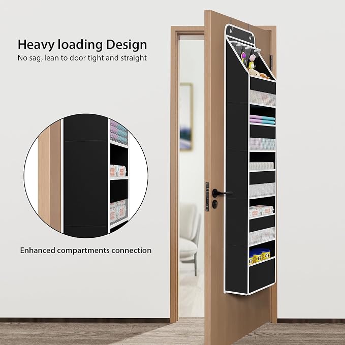 Univivi Fabric Over Door Hanging Organizer for Baby Nursery, Black, 6-Shelf | Door Storage with Large Capacity Breathable Mesh Pockets, Back of Door Organizer for Baby Essential, Bedroom, and Dorm - Image 2