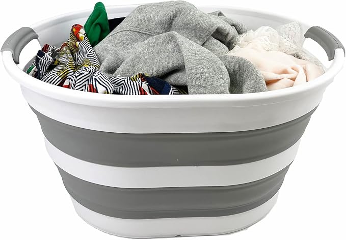 SAMMART 23L (6 Gallons) Set of 2 Collapsible Plastic Laundry Basket - Oval Tub - Foldable Storage Container/Organizer - Portable Washing Tub - Space Saving Laundry Hamper (White/Grey) - Image 8