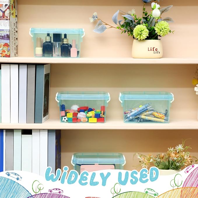 6 Pack Colorful Plastic Storage Bins with Lids 4 Quart Small Storage Latch Box Stackable and Nestable Clear Organizer Bins with Latching Handle and Buckle for Organizing(Cyan) - Image 5