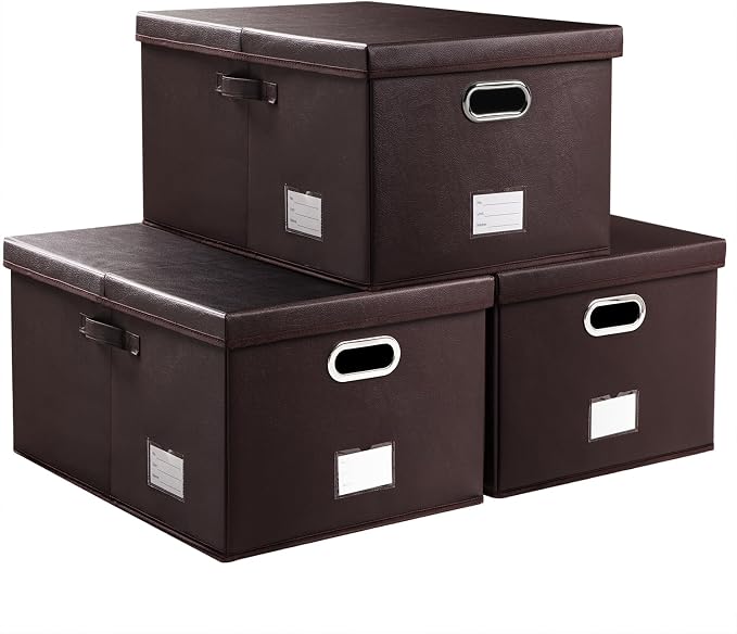 Collapsible Storage Box with Lid [3-Pack] Leather Fabric Foldable Storage Bin Organizer Container Basket Cube with Cover for Home Bedroom Closet Office Nursery Brown(22.8X15.7X11.8) by Prandom