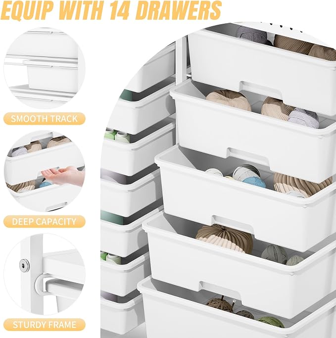 14 Drawer Rolling Storage Cart with Tabletop and Pegboard for Crafts White | Easy Setup, Large Capacity, Sturdy Build, Smooth Mobility, For classroom, office and dorm supplies - Image 7