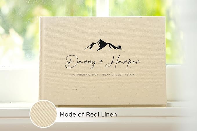 Personalized Linen Guest Book (Design 2) - 9 x 7.5 Hardcover Custom Wedding Guestbook Mountain Design, Reception Ceremony Engagement Party Keepsake Signing Book with 120 Blank Pages - Image 3