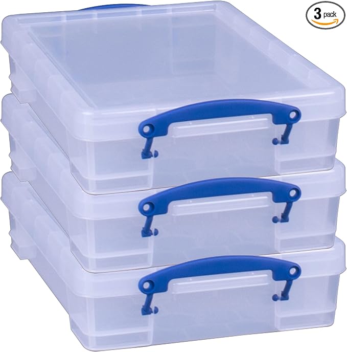 Really Useful Box 4 Liter Plastic Stackable Storage Container w/Snap Lid & Built-In Clip Lock Handles for Home & Office Organization, Clear (3 Pack) by ReallyUsefulBox