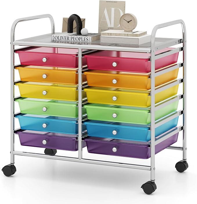 RELAX4LIFE 12-Drawer Rolling Storage Cart - Mobile Utility Cart on Wheels for School Classroom Teacher Office Salon, Paper File Art Supply Craft Organizer, Rolling Cart with Drawers (Rainbow) by RELAX4LIFE