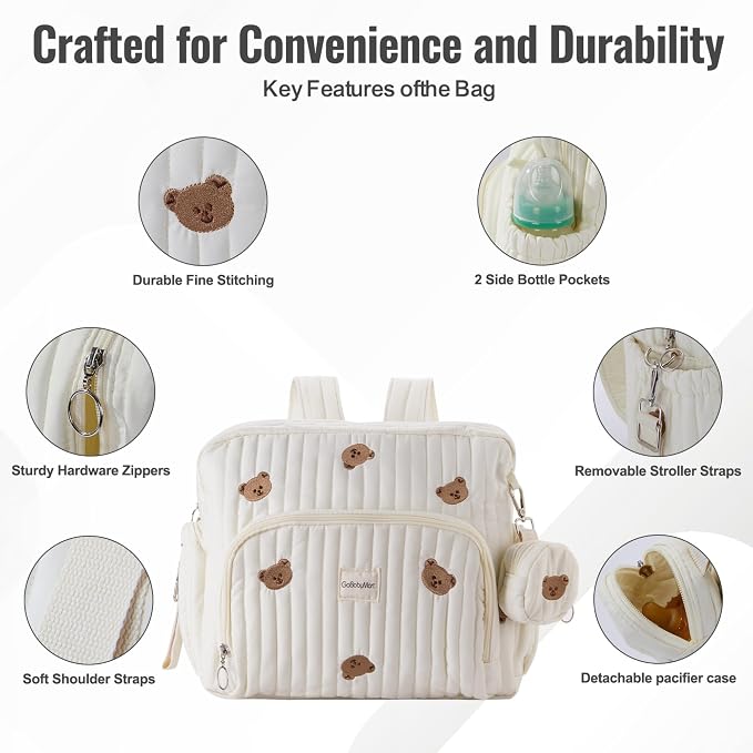 Diaper Bag Backpack with Changing Pad - Travel Baby Bag, Insulated Bottle Pockets, Stroller Straps (Medium - Beige Bears) - Image 3