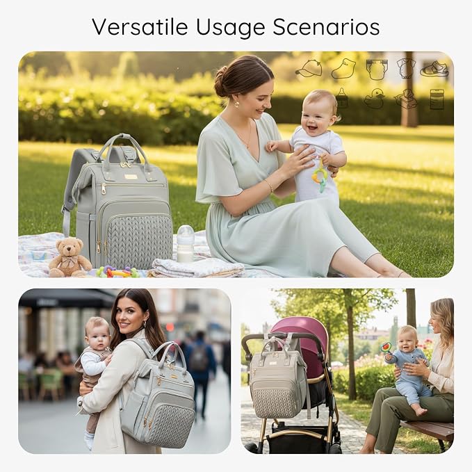 AIJIEKE Large Diaper Bag Backpack, Extra Wide Travel Diaper Bag, Gray | Multi-functional waterproof maternity bag. Changing pad, stroller straps, insulated wet/dry pocket. Mom, dad, toddler travel - Image 3