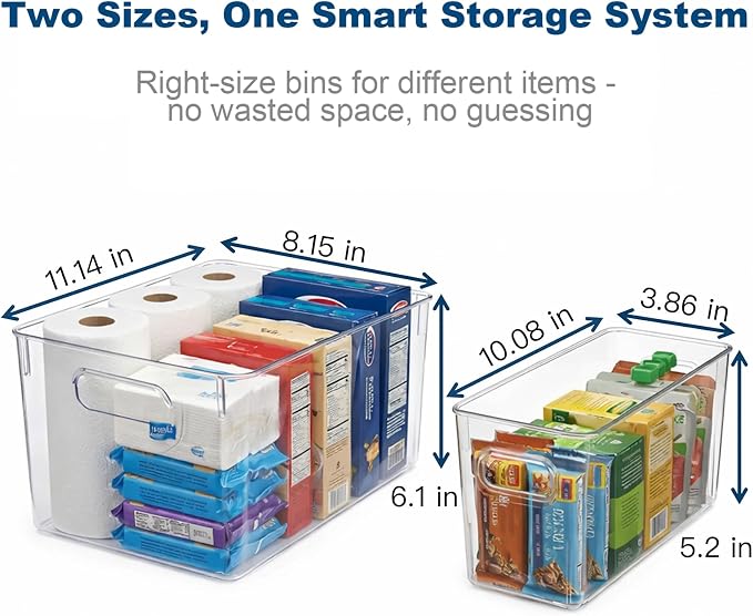 MOONEDGE 4 Pack Clear Plastic Organizer Bins, 2 Large & 2 Small Storage Set | Storage Bins for Pantry, Space-Saving Organizer Containers for Cabinets, Under-Sink, Bathroom, Kitchen, Freezer, Home Storage - Image 4
