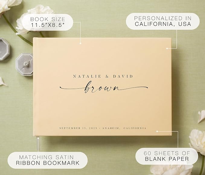 Personalized Guest Book - 11.5" x 8.5" Custom Bride & Groom Names with Bookmark and Hard Cover 140 GSM Blank Pages, for Weddings Guest Book, Engagements, Birthdays, Special Events, Butter - Image 2