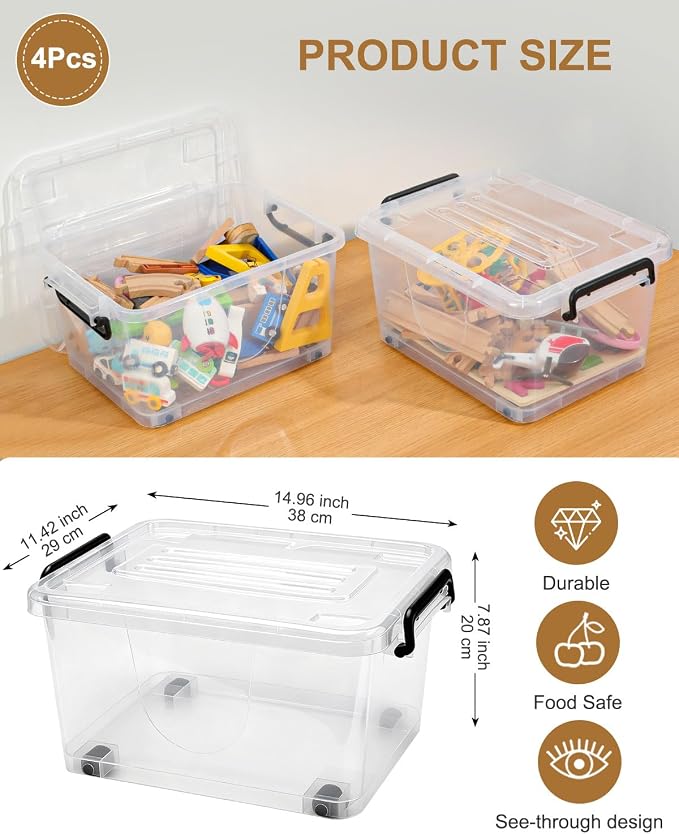 EOENVIVS 13L Storage Bins with Lids, 4 Pack Clear Storage Containers with Lids, Stackable Storage Boxes with Wheels, Organizer Bins for Closet,Shelves,Crafts and Office - Image 2
