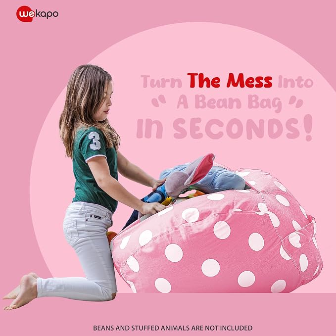 WEKAPO Stuffed Animal Storage Bean Bag Chair Cover for Kids | Stuffable Zipper Beanbag for Organizing Children Plush Toys Large Premium Cotton Canvas (Pink Dot, XX-Large) - Image 3