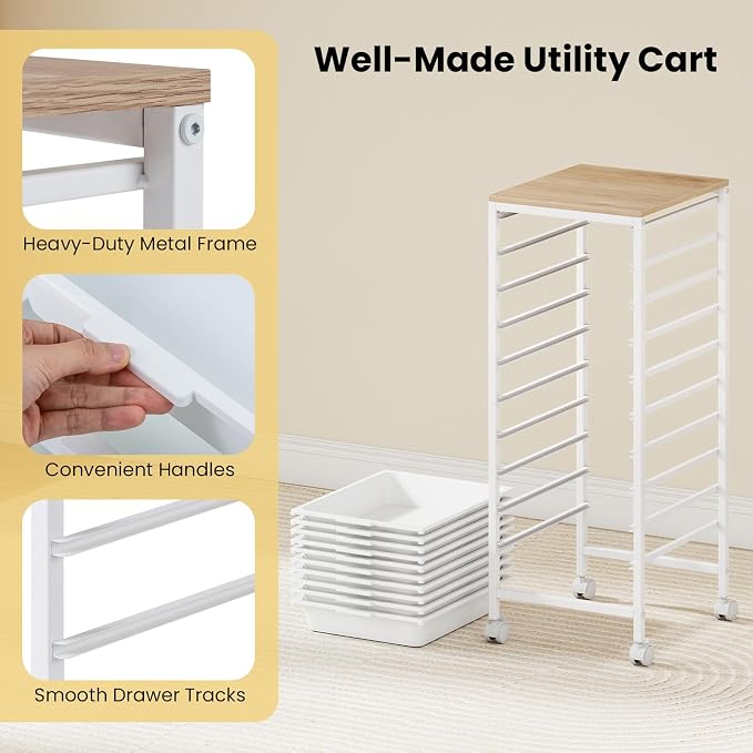 GOFLAME 10-Drawer Rolling Storage Cart, Craft Storage Cart with Wooden Tabletop and Lockable Wheels, Art Cart Supply Storage Organizer with Metal Frame for Home Office Classroom, White - Image 7